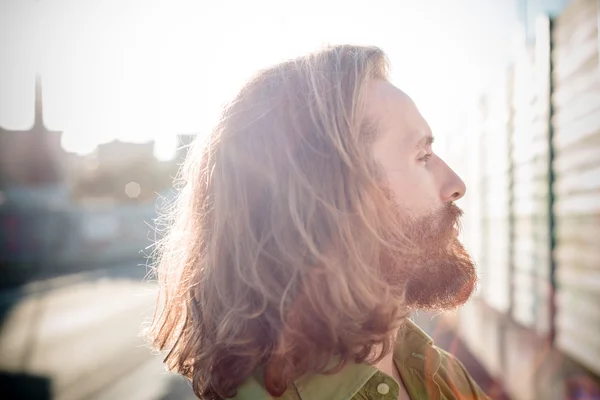 Stylish hipster model with long red hair and beard lifestyle — Stock Photo, Image