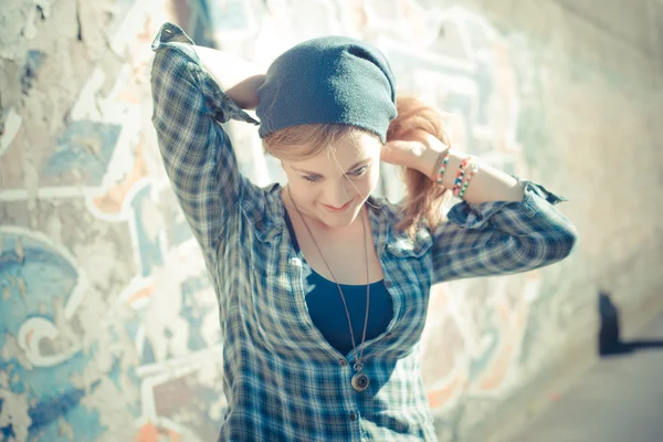 Beautiful young blonde hipster stylish woman — Stock Photo, Image
