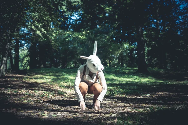 Joven hipster conejo máscara mujer en otoño — Foto de Stock