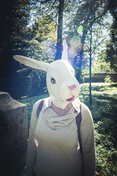 Young hipster rabbit mask woman in autumn — Stock Photo, Image