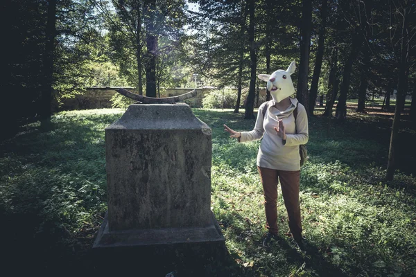 Young hipster rabbit mask woman in autumn — Stock Photo, Image