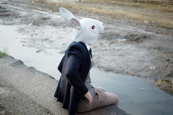 Uomo maschera di coniglio in un paesaggio desolato — Foto Stock