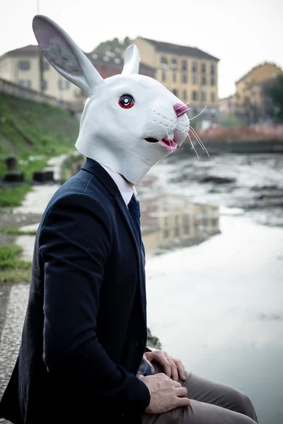 Kaninchenmaskenmann in einer trostlosen Landschaft — Stockfoto