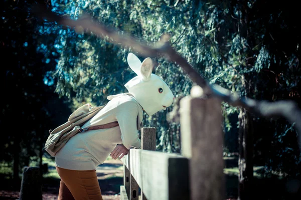 Young hipster rabbit mask woman in autumn — Stock Photo, Image