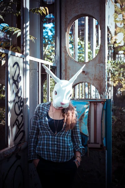 Beautiful young blonde rabbit mask woman — Stock Photo, Image