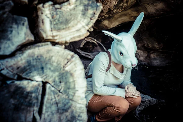 Young hipster rabbit mask woman in autumn — Stock Photo, Image