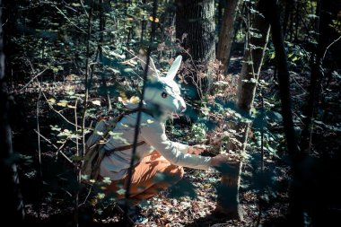 Genç hipster tavşan maskesi kadın Güz