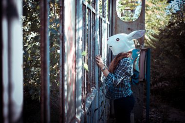 güzel genç sarışın tavşan maskesi kadın