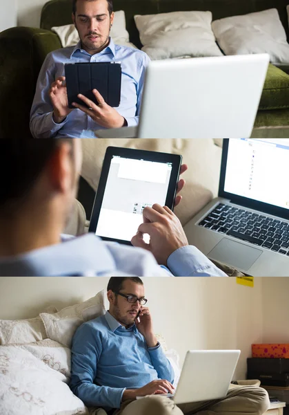 Hombre usando dispositivos tecnológicos en casa — Foto de Stock