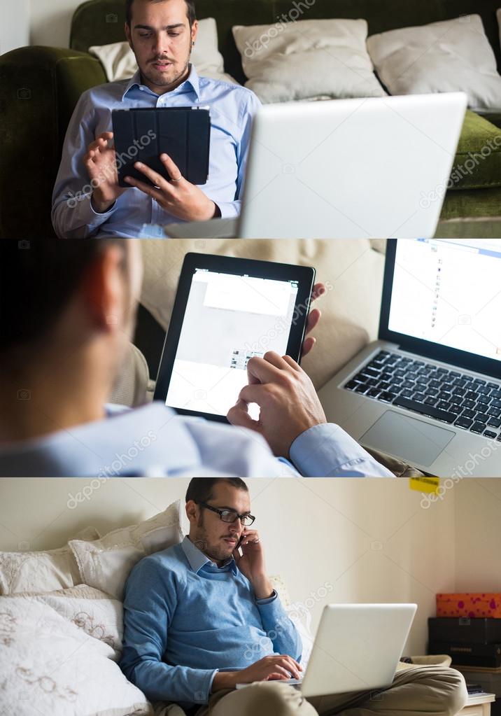 man using technological devices at home