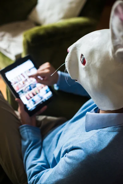 Elegant business multitasking rabbit mask man at home — Stock Photo, Image