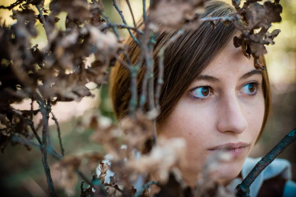 Blond bederní dívka v lesích — Stock fotografie