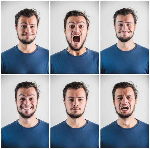 Collage de expresiones de hombre con estilo joven —  Fotos de Stock