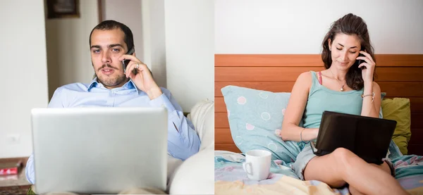 Collage van paar laptop gebruiken — Stockfoto