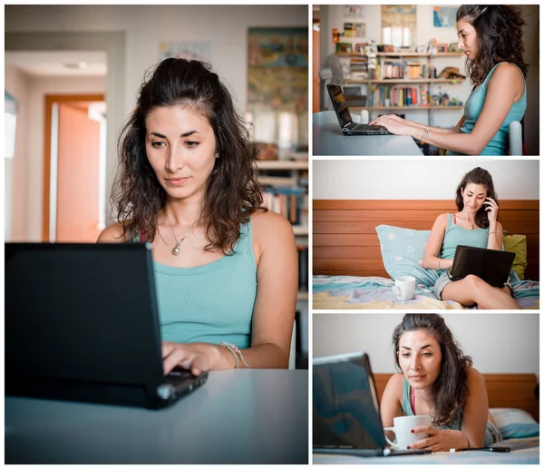 Collage van mooie jonge vrouw met laptop — Stockfoto