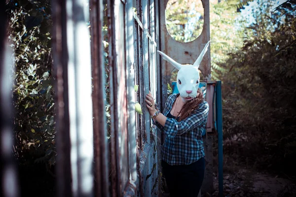 Beautiful young blonde rabbit mask woman — Stock Photo, Image