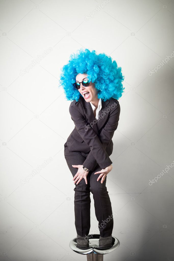 funny blu wig beautiful young businesswoman