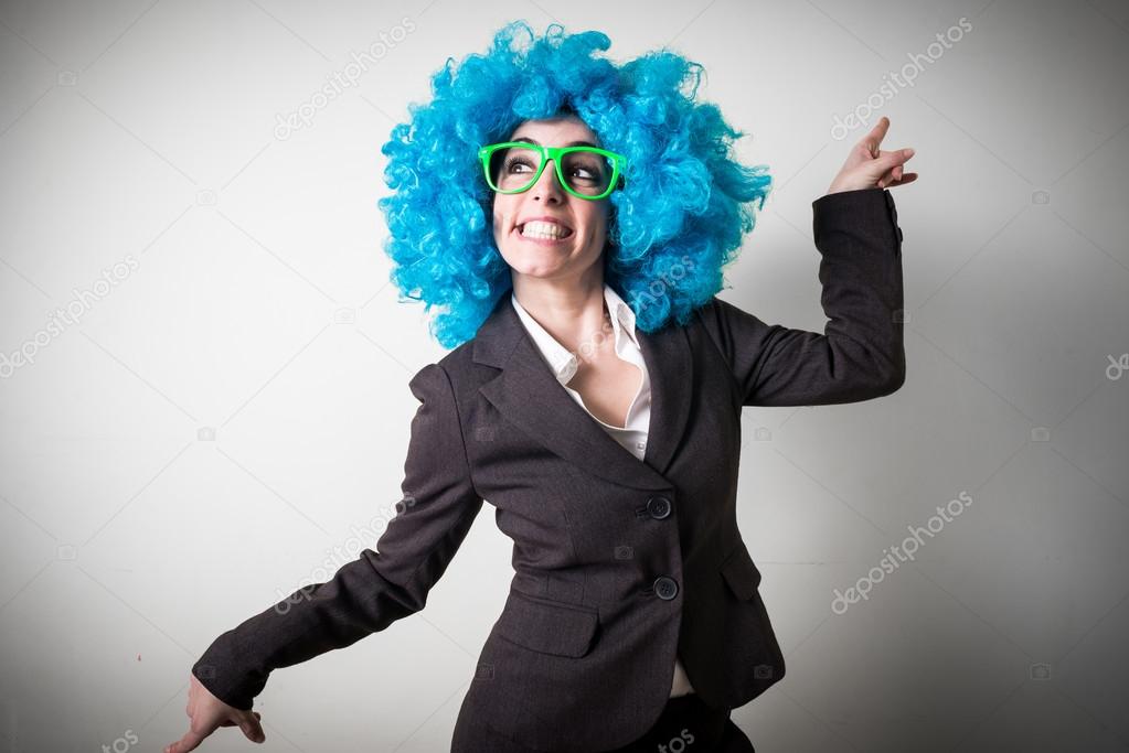funny blu wig beautiful young businesswoman
