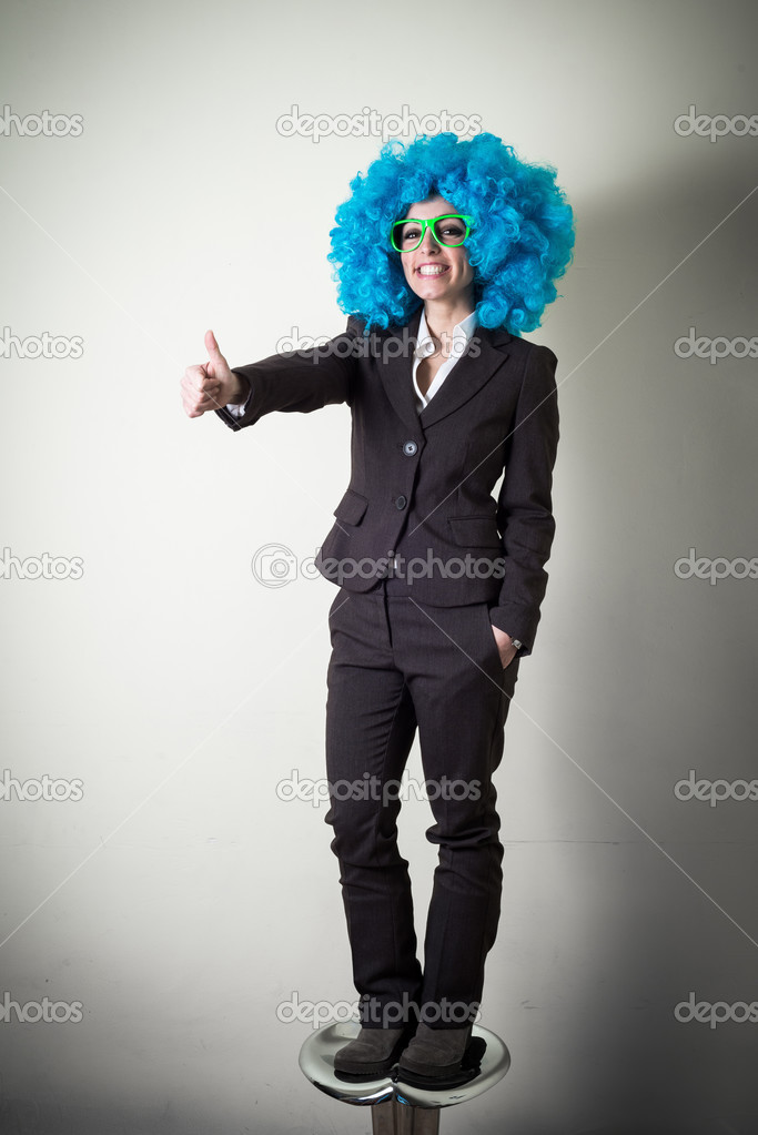 funny blu wig beautiful young businesswoman