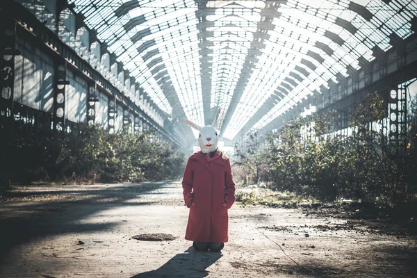 Kaninchenmaske Frau roter Mantel — Stockfoto