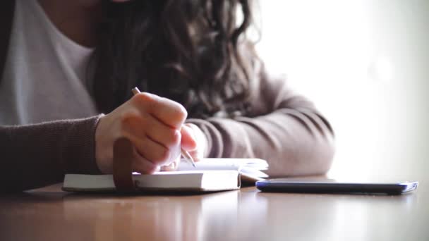 Woman using cellphone and blocknote — Stock Video