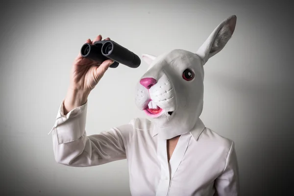 Beautiful young businesswoman rabbit mask binocular — Stock Photo, Image