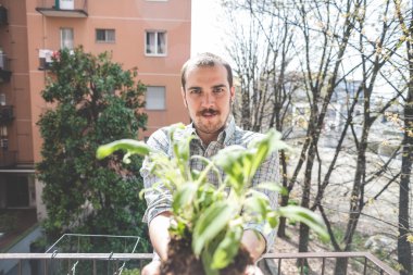 fesleğen bitki tutan adam