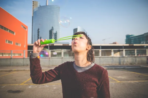 Woman bubble blower — Stock Photo, Image