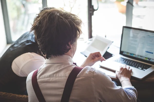 Two young hipster stylish men working — Stock Photo, Image