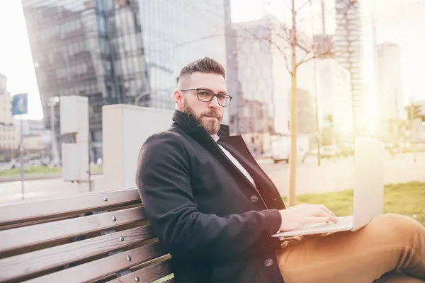 Young Bearded Adult Businessman Freelancer Sitting Bench Outdoor Backlight Using — Stock Photo, Image