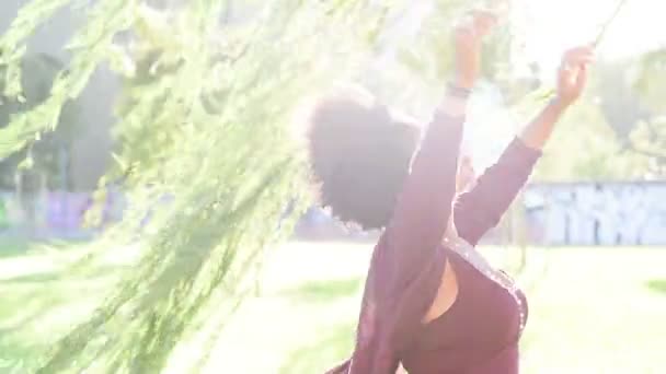 Young Black Woman Spreading Arms Feeling Free Outdoors Enjoying Wind — Stock Video