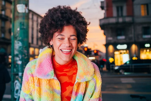 Portrait Young Black Woman Laughing Posing Outdoor Having Fun Positive — Stok Foto