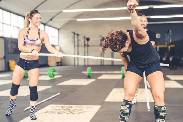 Two Women Sportive Athlete Indoors Gym Training Together Coaching Working — ストック写真