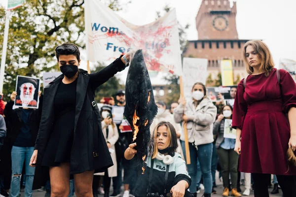 Milan Italy September 2022 Protestors Demonstrating Castello Sforzesco Milan Italy — Stock Photo, Image