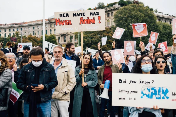 Milan Italy September 2022 Protestors Demonstrating Showing Protest Sign Castello — Stock Photo, Image