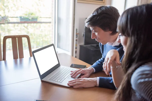 Couple Man Woman Indoors Home Working Together Using Computer Remote — Stock Photo, Image