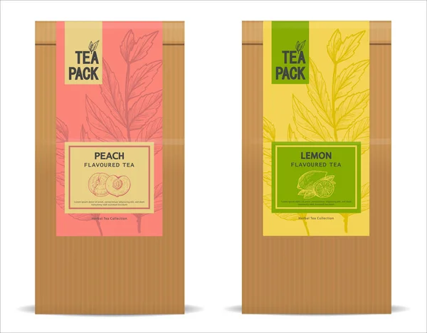 Saco Papel Artesanal Com Conjunto Etiquetas Chá Aromatizado Design Embalagem —  Vetores de Stock