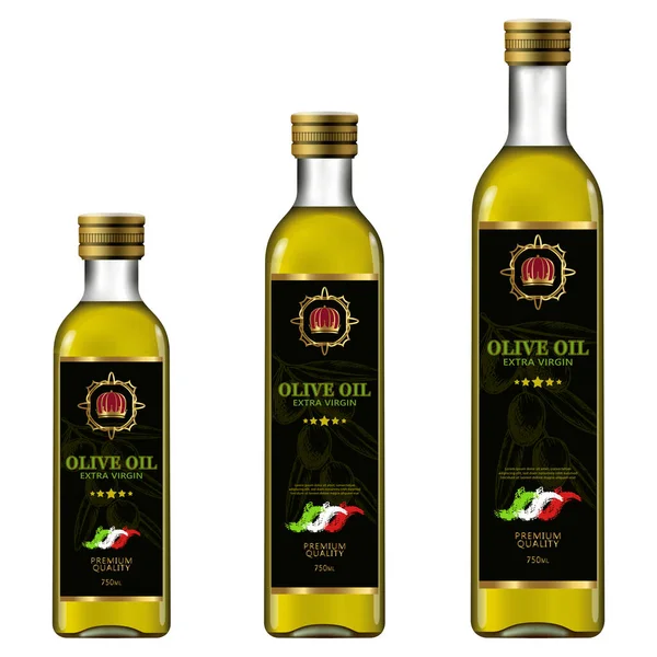 Naturlig Ekstra Jomfruelig Olivenolje Realistiske Glassflasker Med Etiketter Matidentitetsmerking Moderne – stockvektor