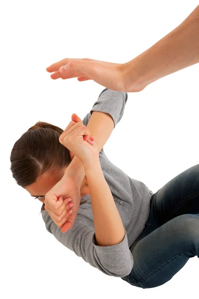 Teenage girl protect herself with arms crossed in front of face — Stock Photo, Image