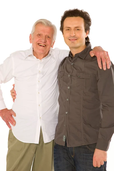 Granfather διαδραστική εμπειρία των ξυπνήσει ο πατέρας και γιος που στέκεται πάνω σε λευκό backgraund — Φωτογραφία Αρχείου