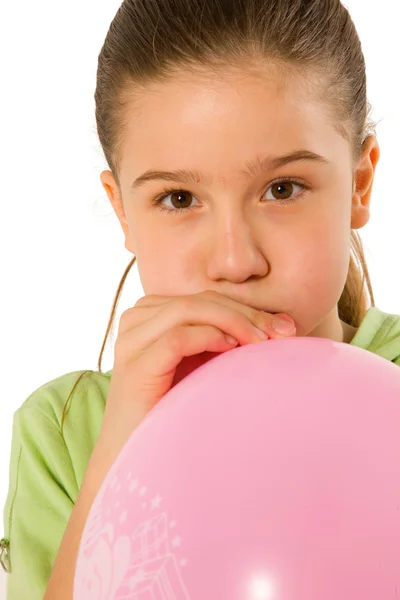 Girl playing with balloons isolated on white background — Stock Photo, Image