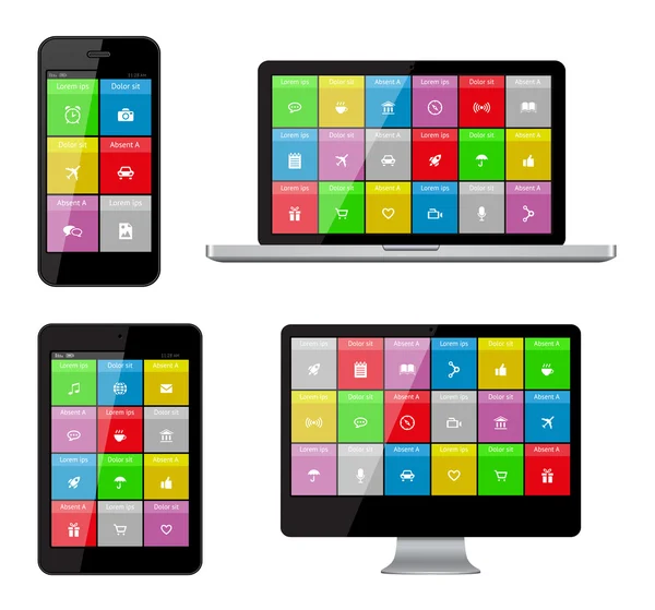 Isolated gadgets with ui and web icons including flat design — Stock Vector