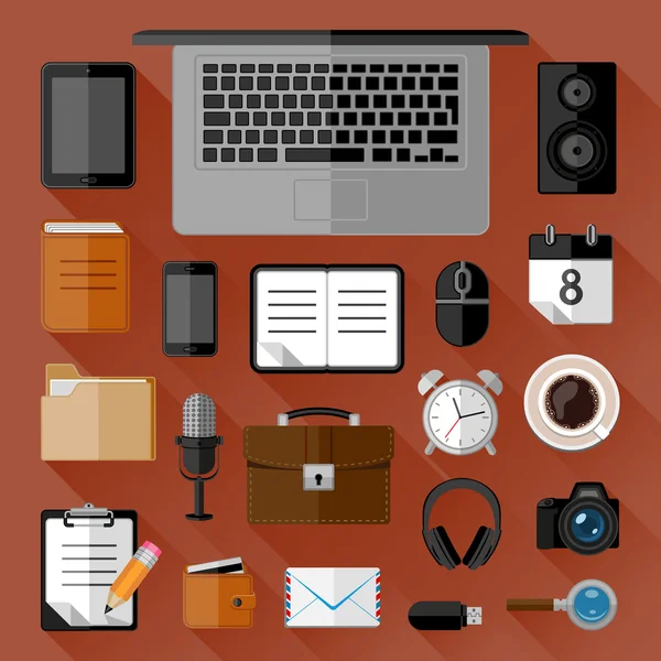 Concepto de lugar de trabajo. Iconos planos — Vector de stock