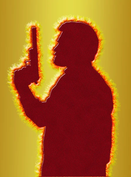 Flaming Assassin in 3D Gold Background — Stock Photo, Image
