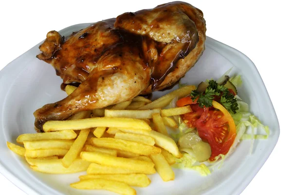 Halbe Hühnchen und Pommes aus nächster Nähe — Stockfoto