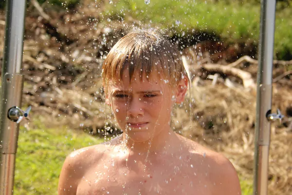 Portrait of Boy Taking Shower on Beach — Stock Photo, Image