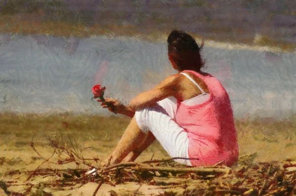 Pink Lady with Rose on Beach Painting — Stock Photo, Image