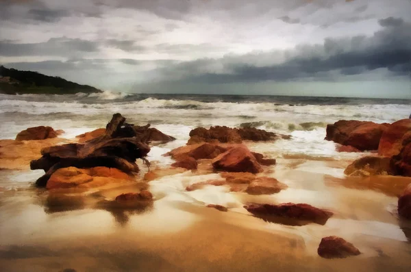 Pintura de playa tormentosa con tronco de madera — Foto de Stock