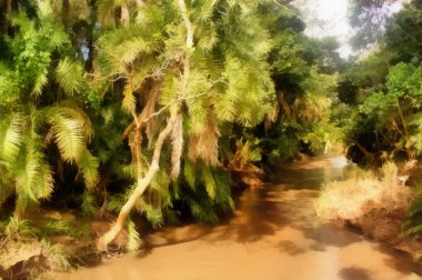 çamurlu nehir tropikal orman yoluyla çalışan boyama