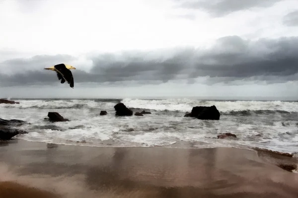 Peinture front de mer orageux avec mouette — Photo